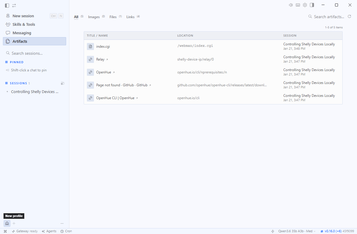 The Hermes Desktop app: left sidebar with New session, Skills & Tools, Messaging and Artifacts; the Artifacts list in the main panel; and a status bar showing Gateway, Agents, Cron and the running model.