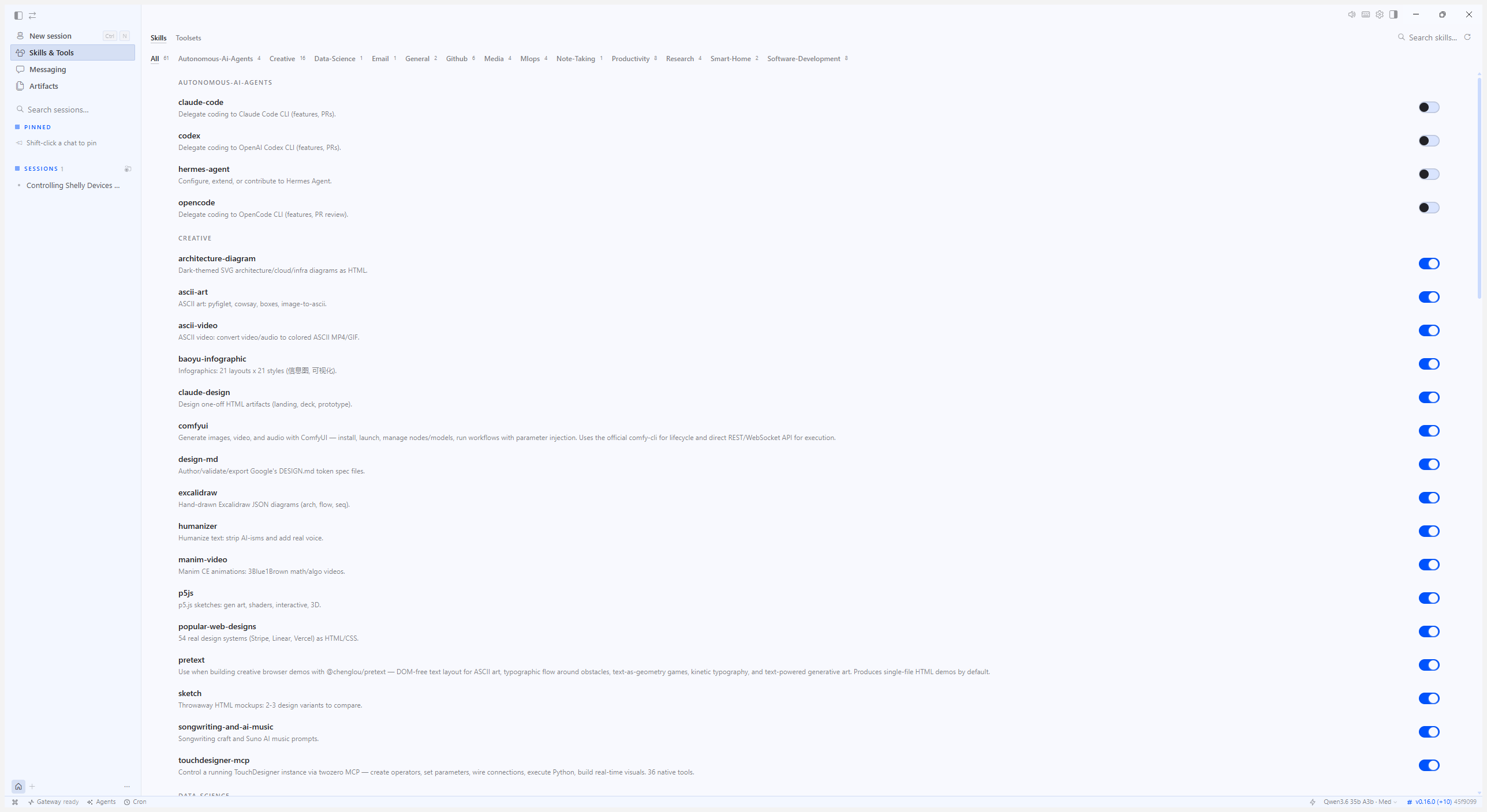 The Skills tab of Hermes Desktop's Skills & Tools screen: 81 skills grouped by category (Autonomous AI Agents, Creative, Data-Science, Productivity…), each with a name, a short description, and an on/off toggle.