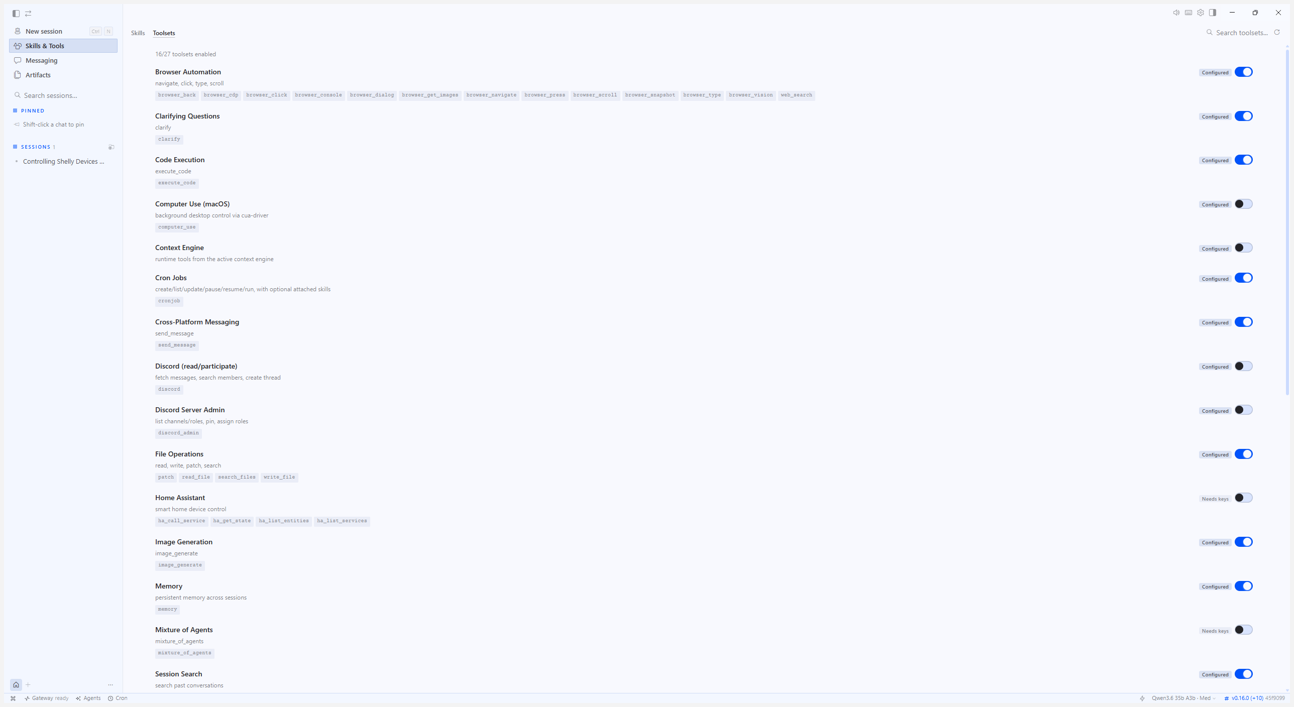 The Toolsets tab: built-in tool groups such as Browser Automation, Code Execution, Cron Jobs, Cross-Platform Messaging, File Operations and Memory, each listing its underlying tool functions and a Configured or Needs-keys toggle.