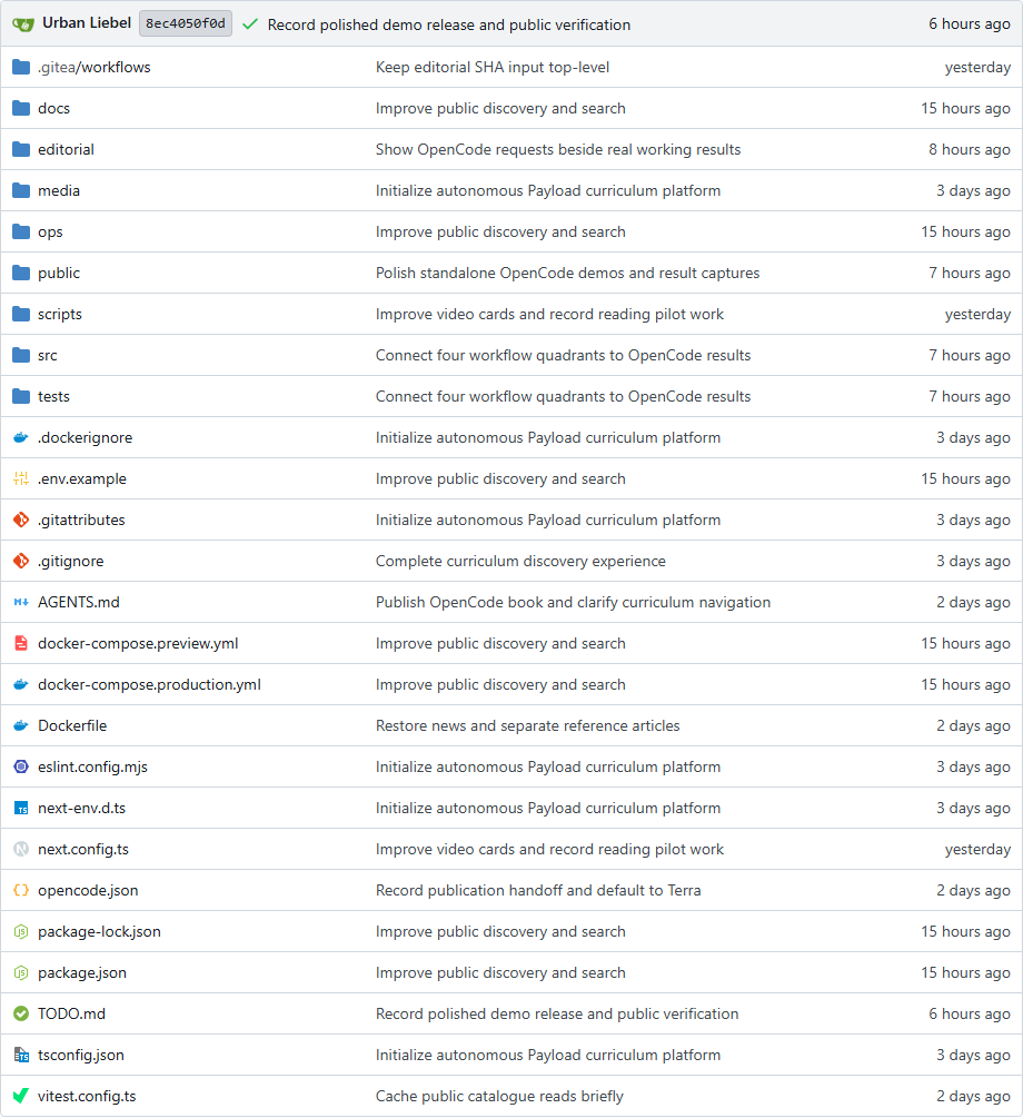 Gitea showing the Curriculum Payload repository file listing.