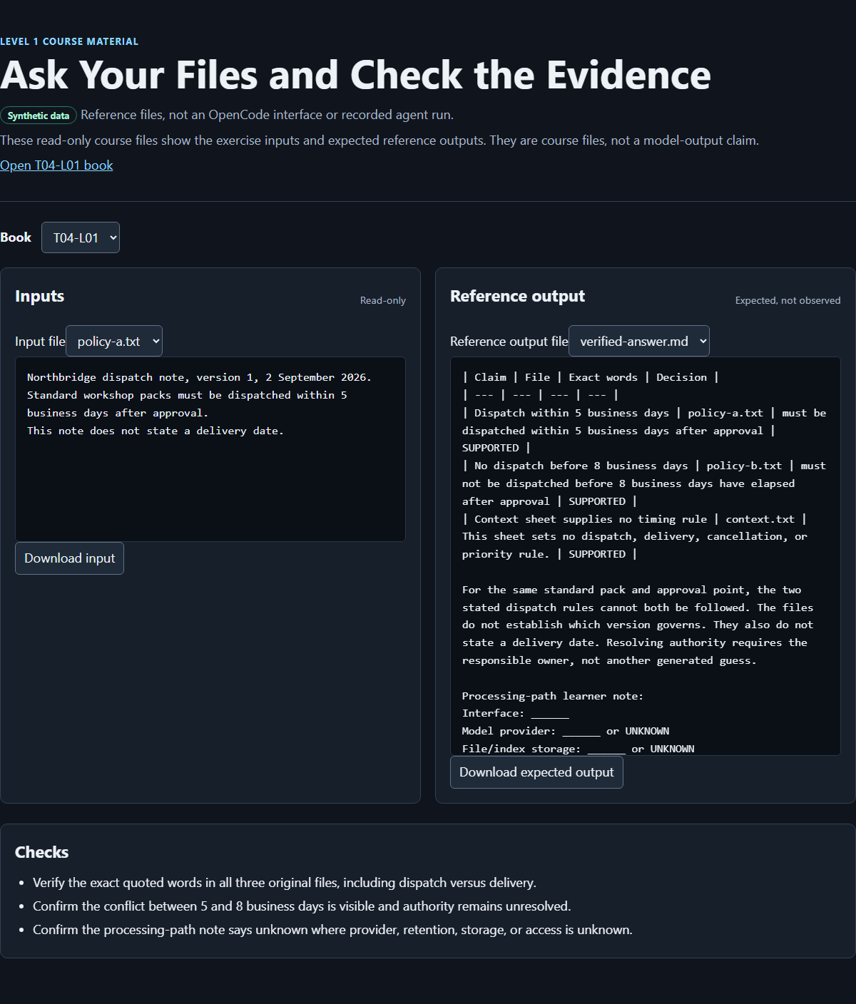 Course-authored browser result viewer showing the synthetic dispatch-policy exercise and its inspectable reference files