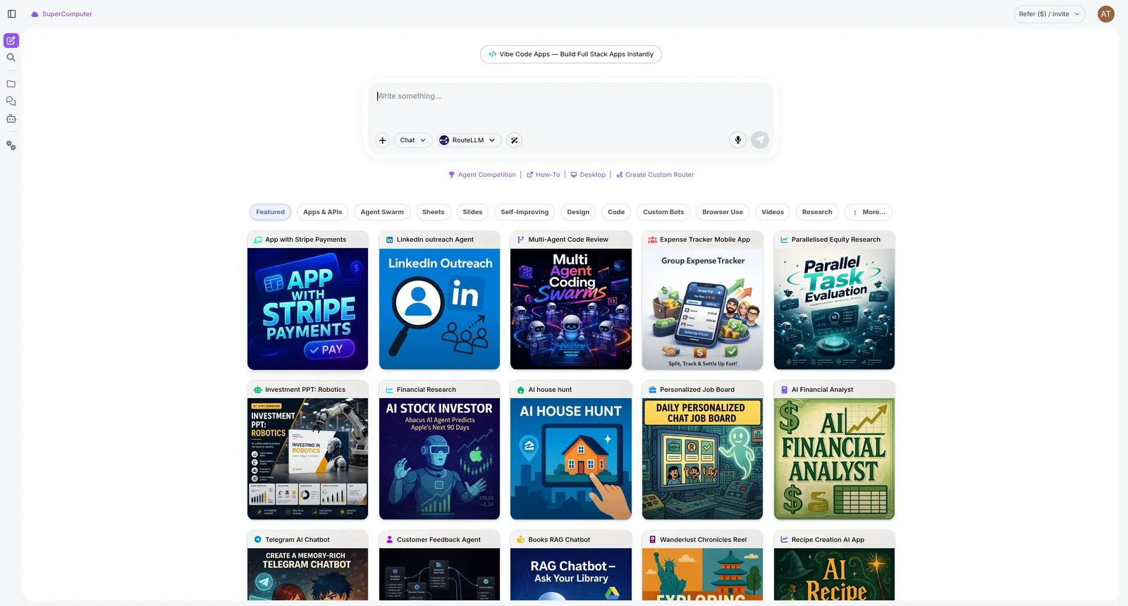 Abacus.AI Super Assistant main page showing the AI chat workspace.