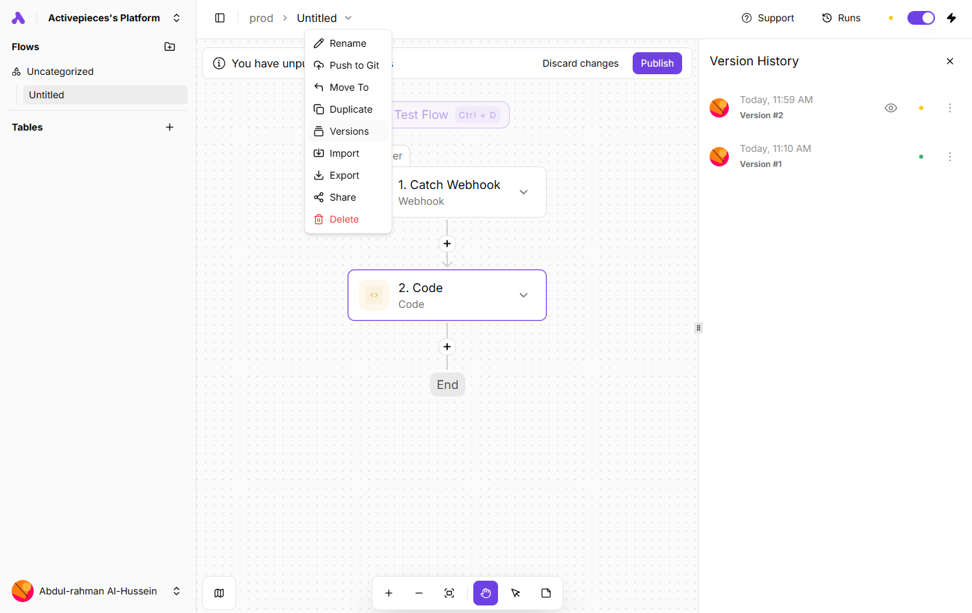 Activepieces workflow editor with Catch Webhook and Code steps, flow navigation, and the Version History panel.