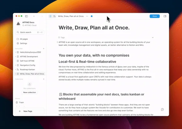 AFFiNE document editor in an official workspace demonstration.