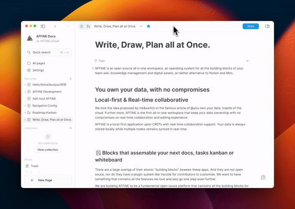 AFFiNE workspace showing its document and edgeless canvas.
