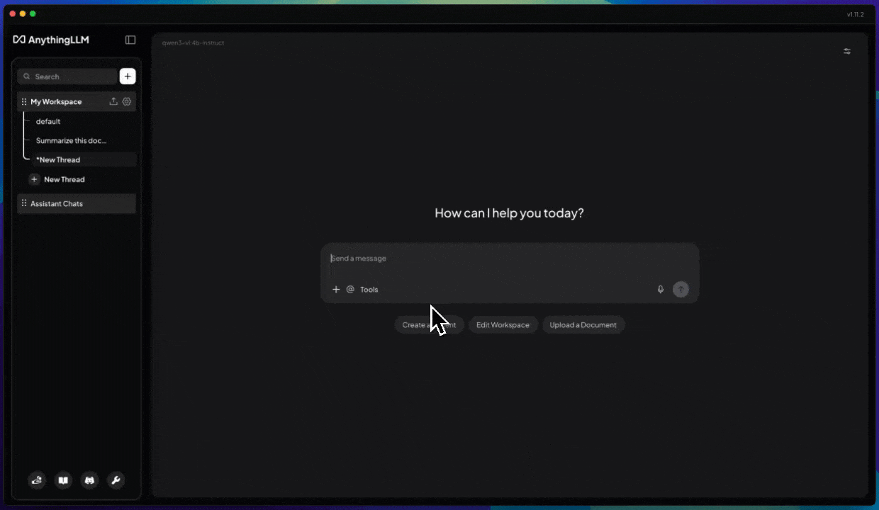 AnythingLLM workspace with document-chat navigation and an empty message composer.