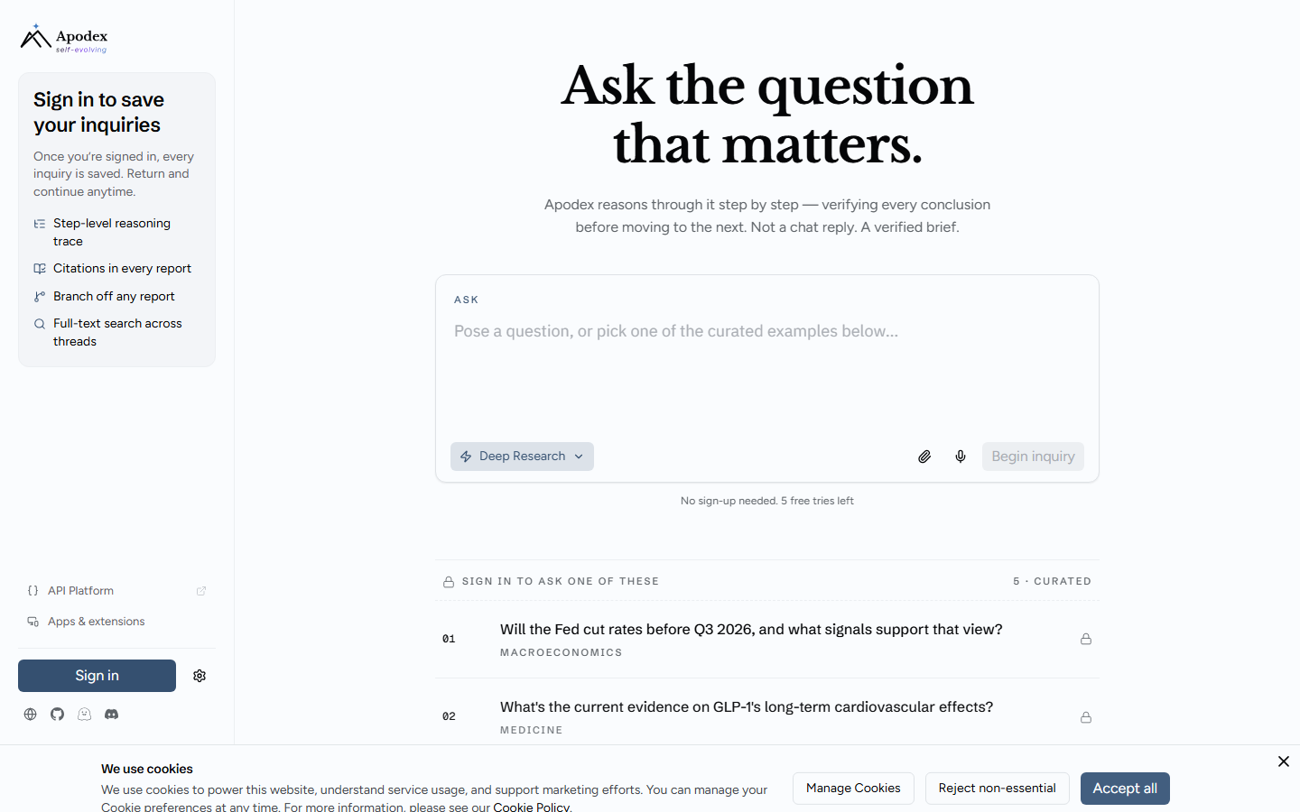 Apodex inquiry interface with a Begin inquiry control and curated research questions.