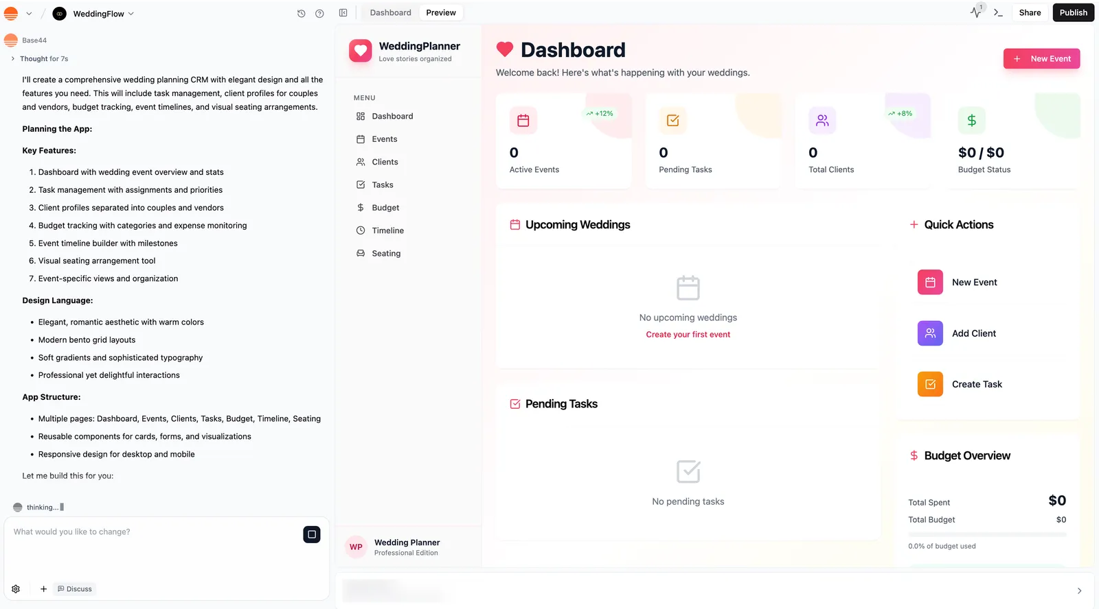 Base44 builder workspace constructing a wedding-planner CRM with app preview and build controls.