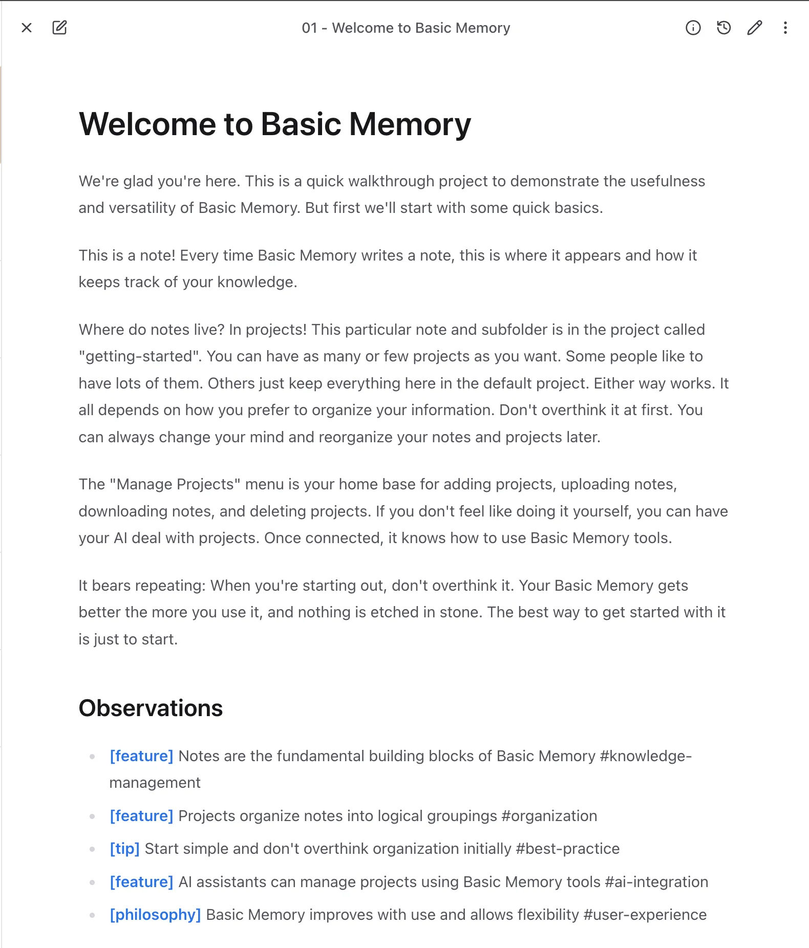 Basic Memory Cloud note preview showing the Welcome to Basic Memory document, editing and history controls, and tagged observations.