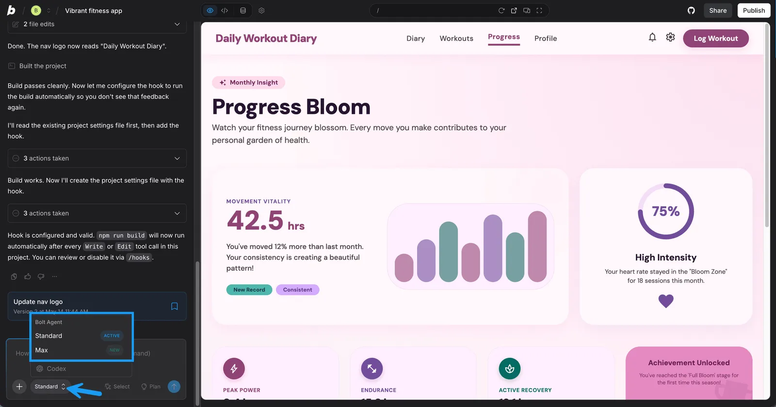 Bolt project editor with its chat panel, Standard and Max agent picker, and a live fitness-app preview.