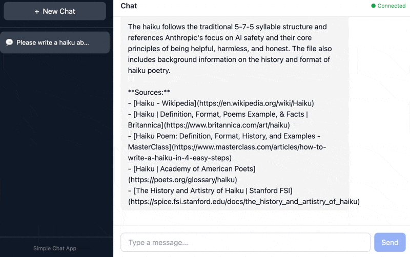 Anthropic's Simple Chat App demo showing a connected session and an assistant response with research sources about haiku poetry.
