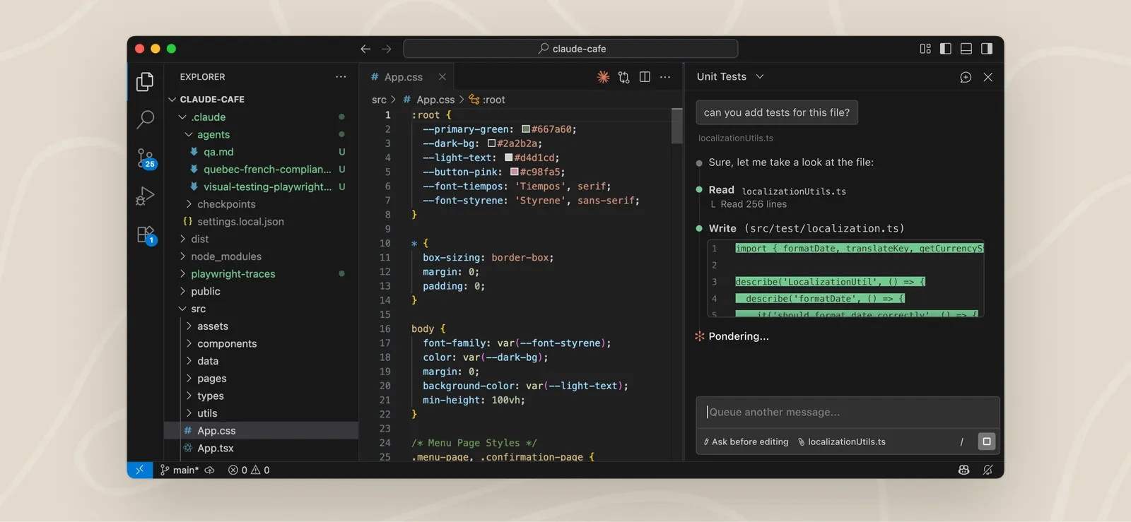Visual Studio Code with the Claude Code extension conversation panel beside the editor.