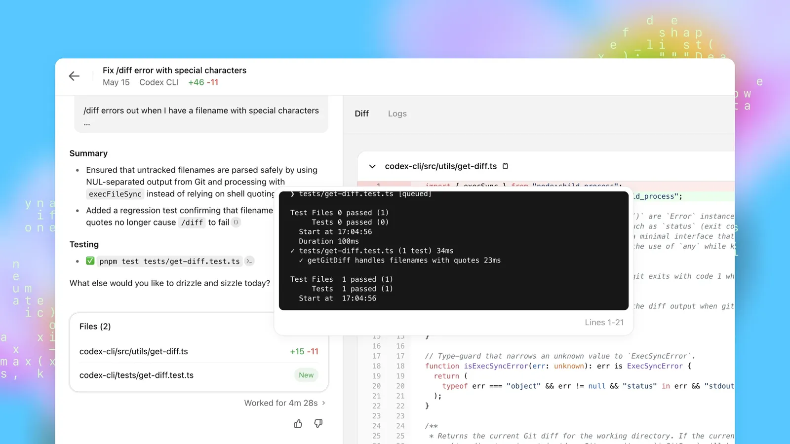 OpenAI Codex code-review interface with a change summary, diff and terminal test result.