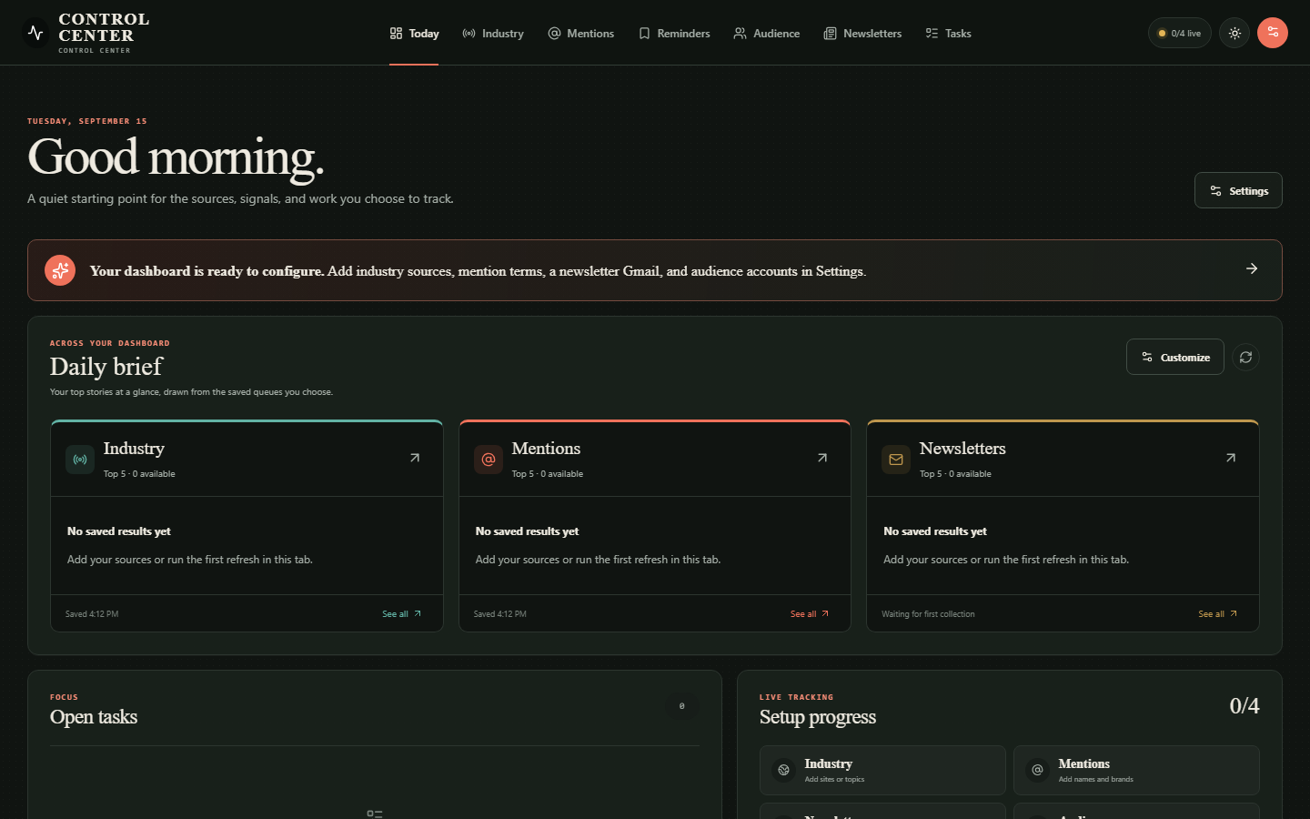 Control Center local dashboard with its Today navigation, daily brief, open tasks and setup progress.