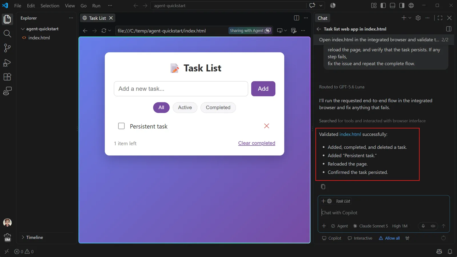 Visual Studio Code with GitHub Copilot Chat and an integrated browser validating an example app.
