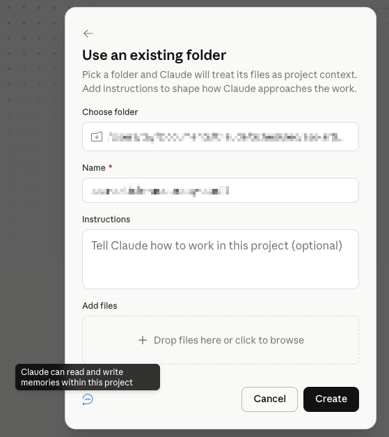 Claude Cowork project setup with name, location, instructions and file controls.