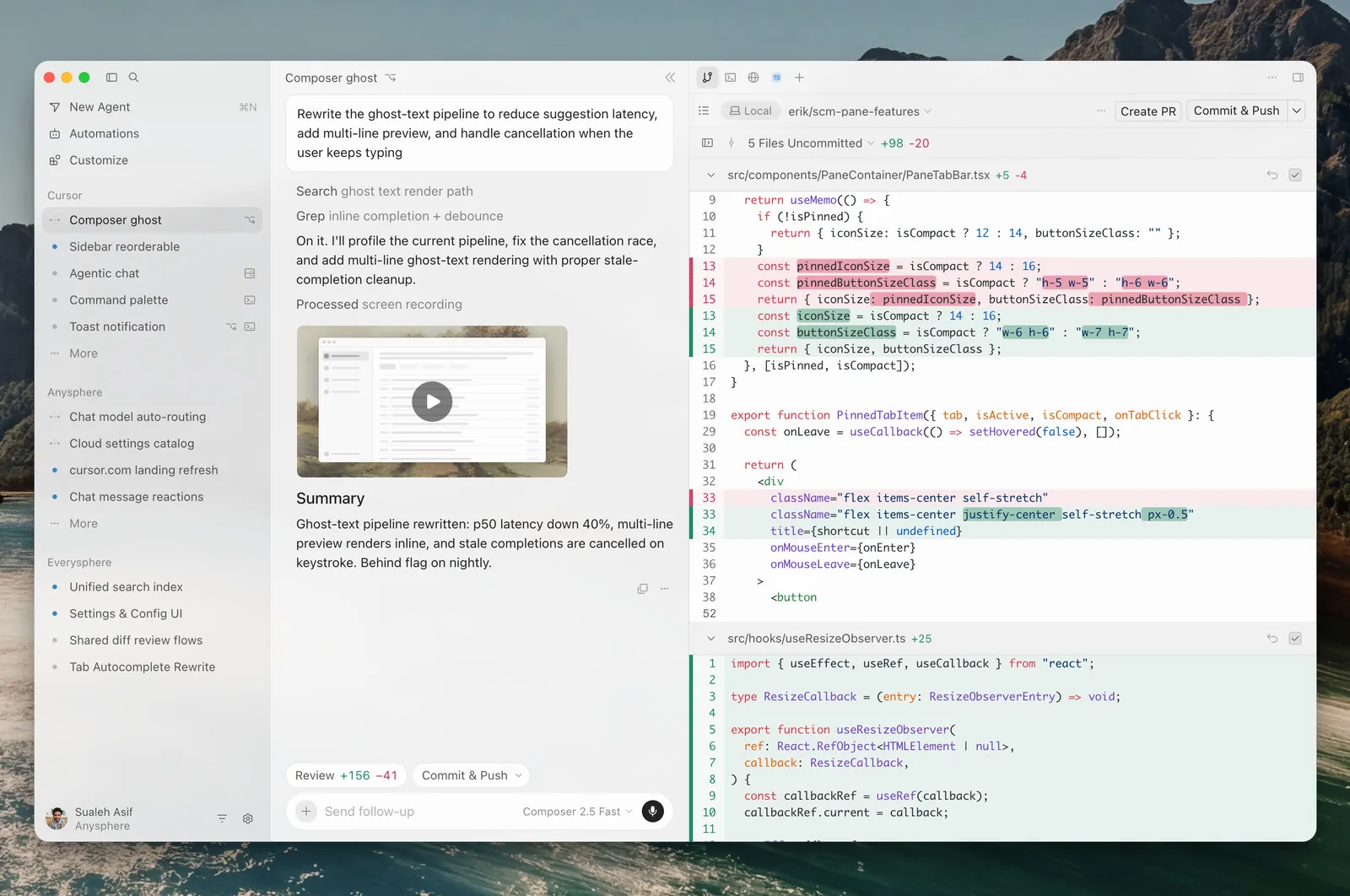 Cursor code editor showing an agent task, review controls and code changes.