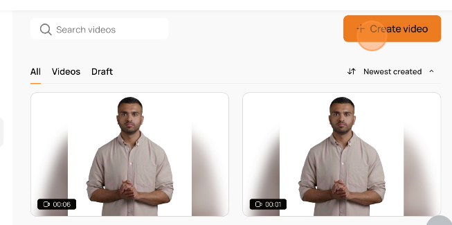 D-ID Studio home dashboard with video gallery, filters and Create video button.
