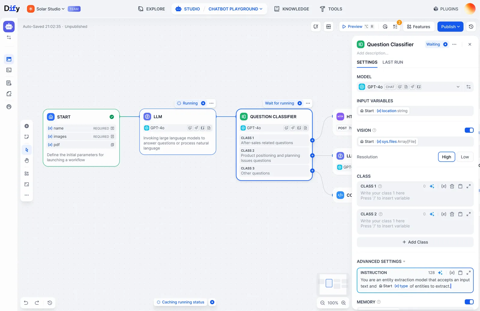 Dify Studio workflow editor with Start, LLM and Question Classifier nodes and the classifier settings panel.