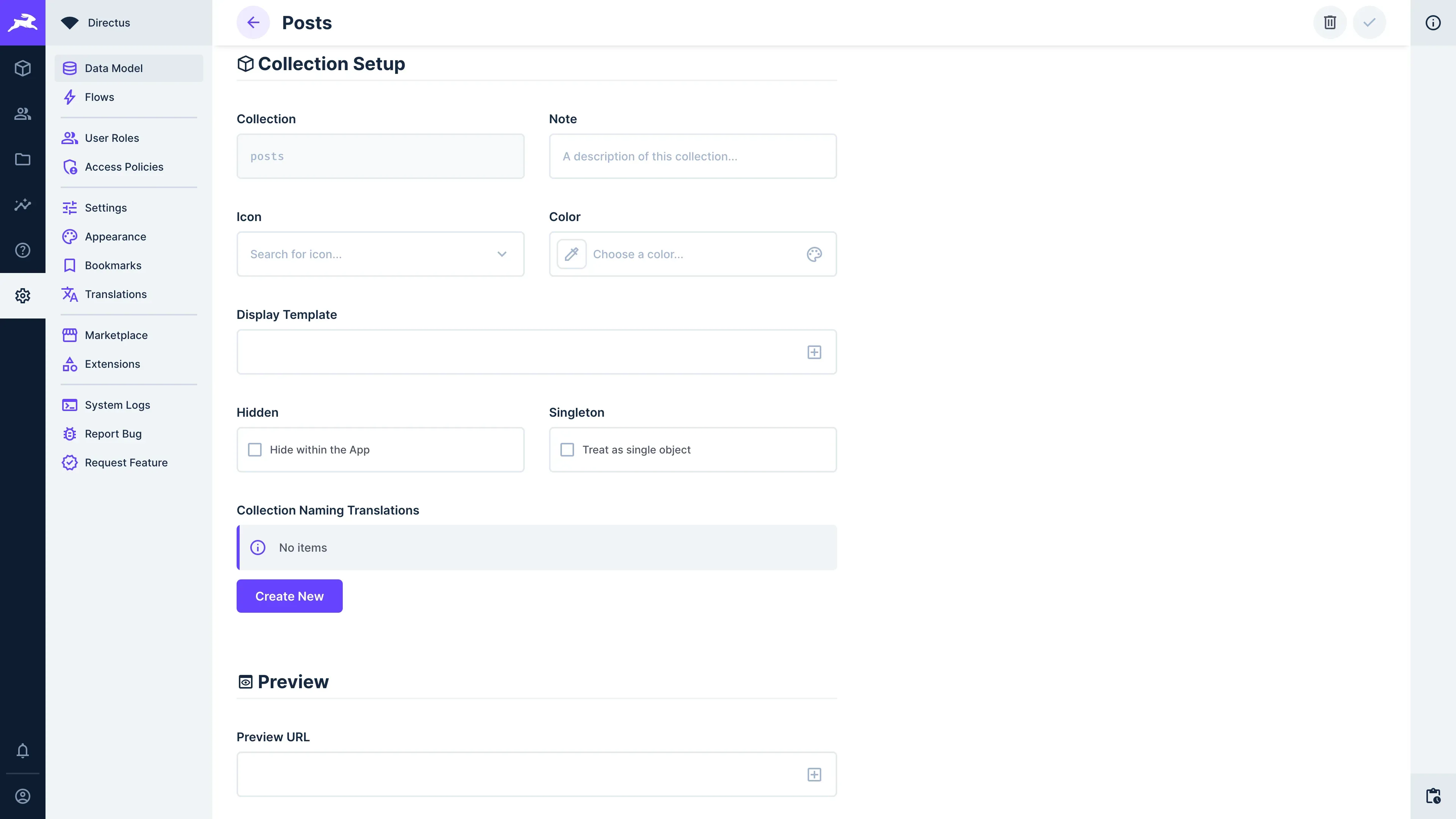 Directus Data Model settings showing the Posts collection setup, display template, visibility and preview URL controls.