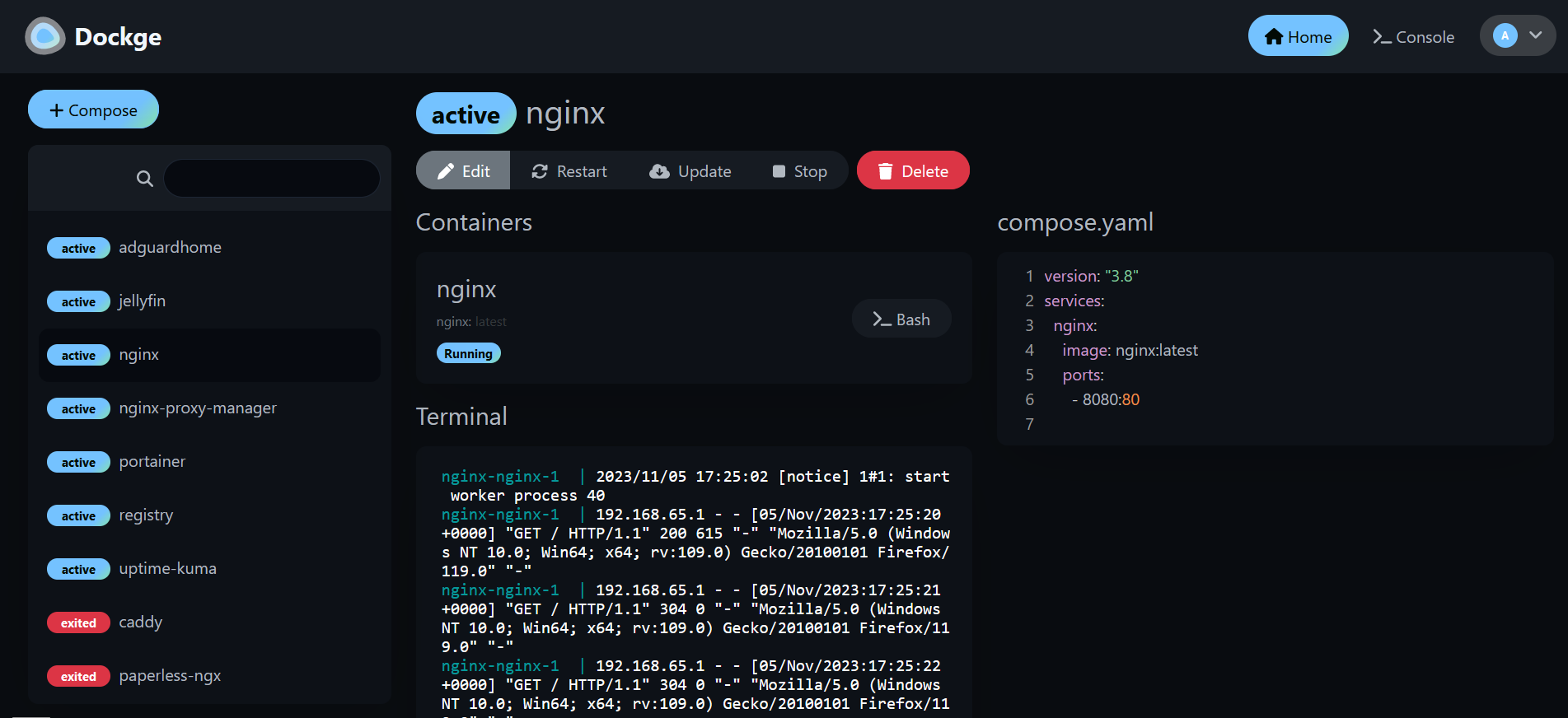 Dockge managing an active nginx stack, with stack status list, container controls, terminal logs and compose.yaml.