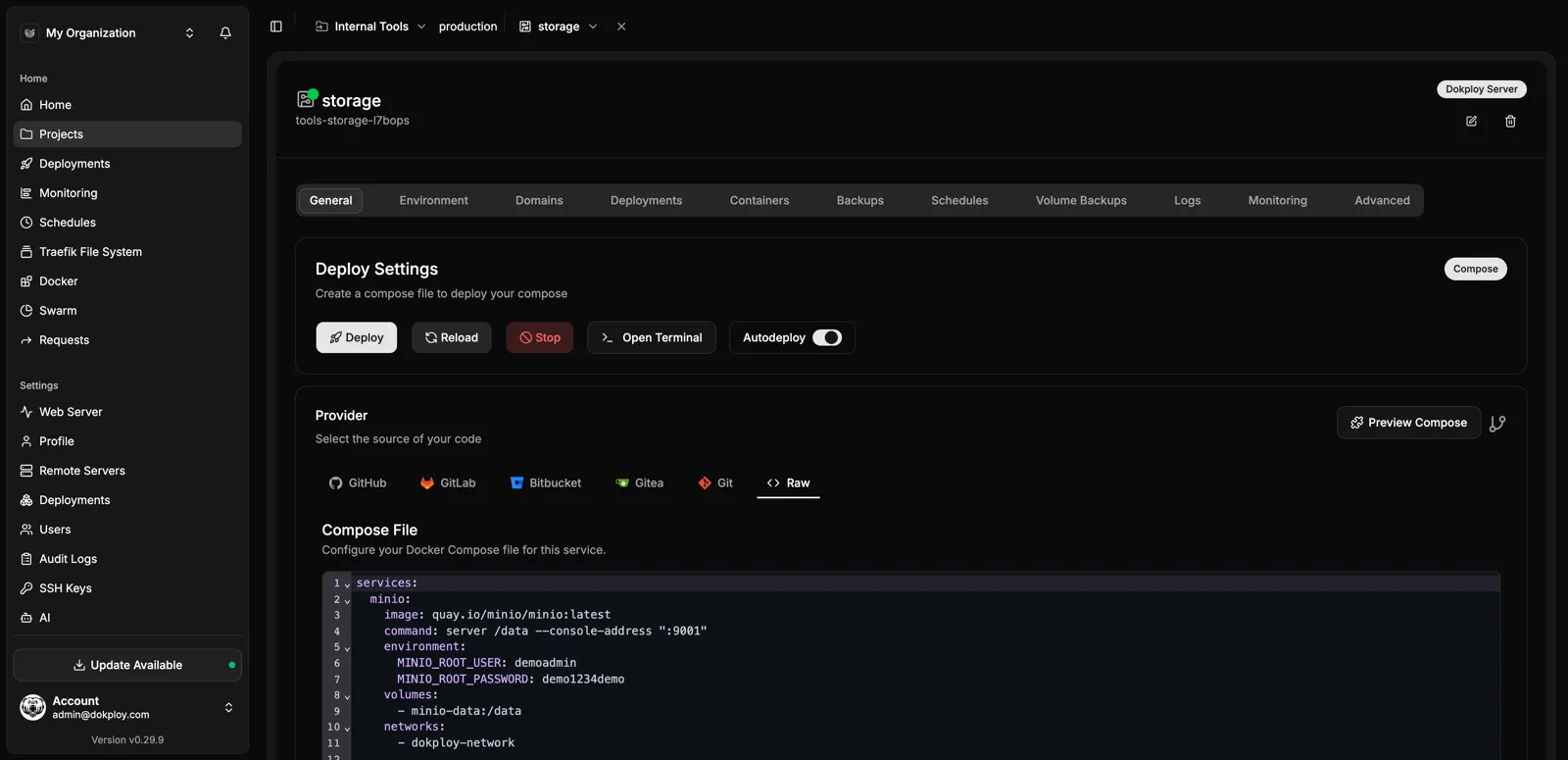 Dokploy project interface showing Compose deployment controls, provider selection and a storage service Compose file.