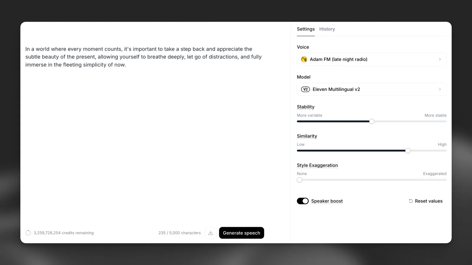 ElevenLabs Text to Speech workspace with text input, voice selection and speech-generation controls.