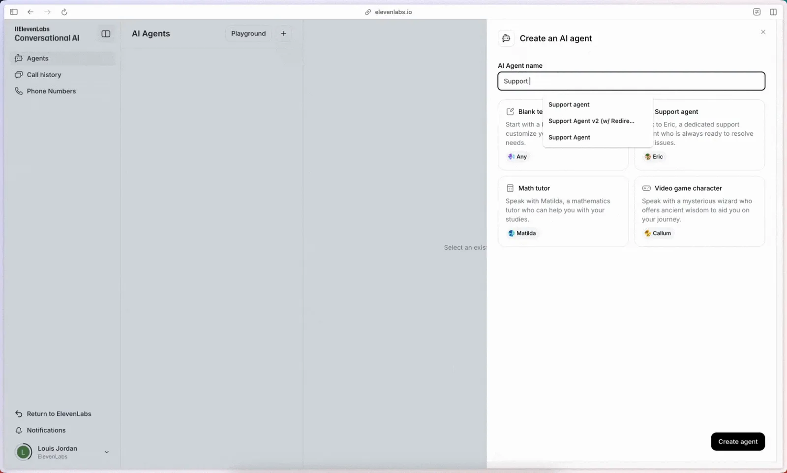 ElevenLabs Agents dashboard during conversational-agent creation.