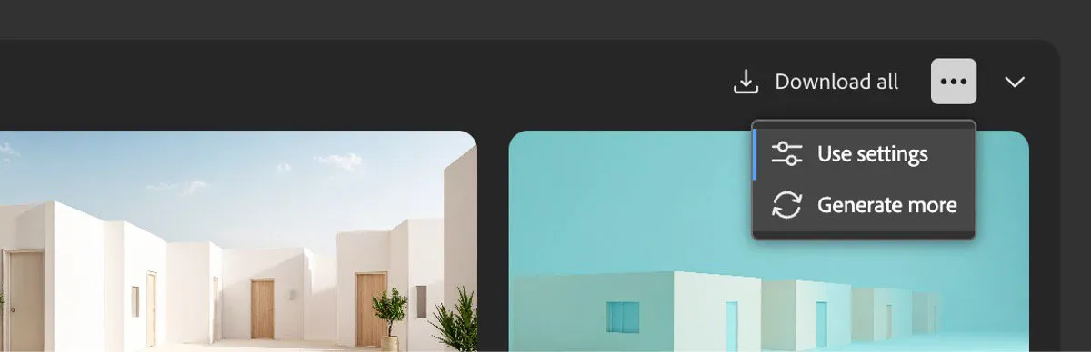 Adobe Firefly list-view menu with reuse-settings and rerun controls.