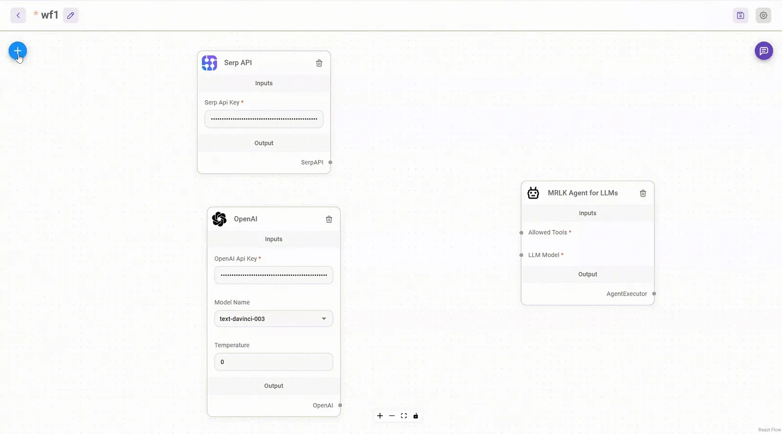 Flowise visual editor with Serp API, OpenAI and MRKL Agent nodes ready to connect.