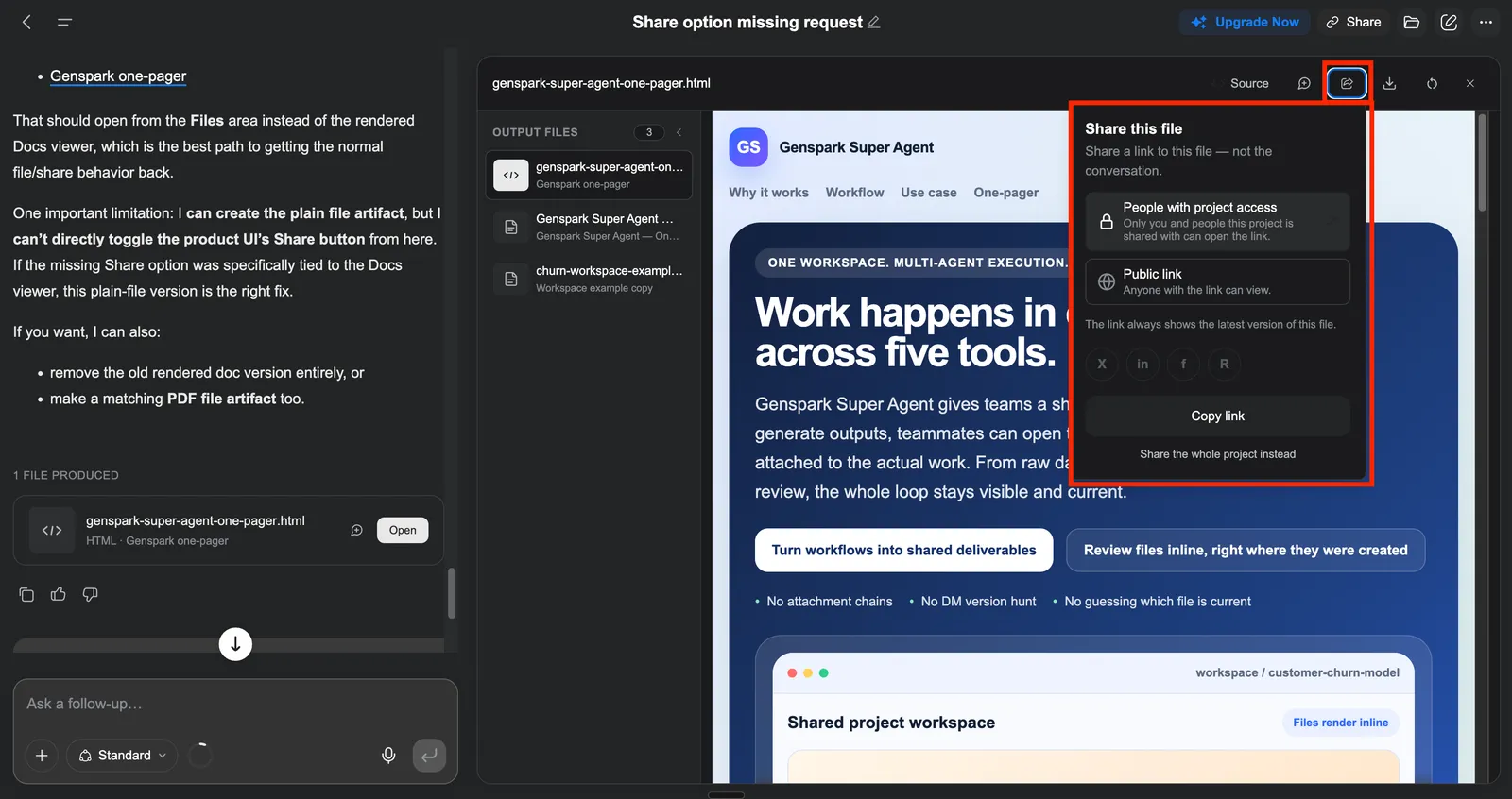 Genspark Super Agent conversation beside a file preview and sharing controls.