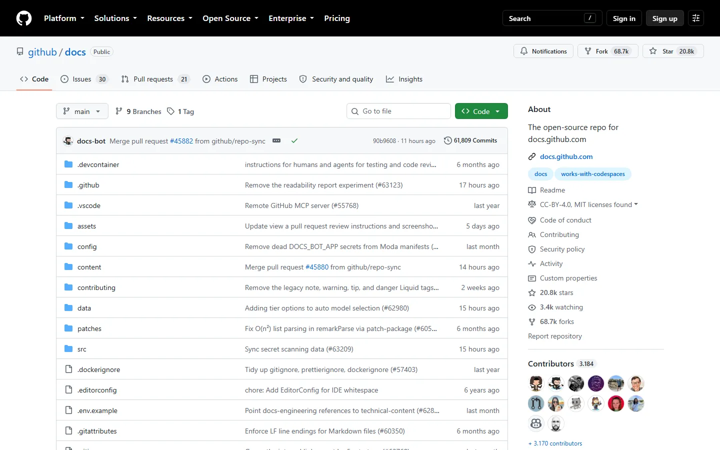 GitHub repository interface showing the public GitHub Docs repository, files and development tabs.