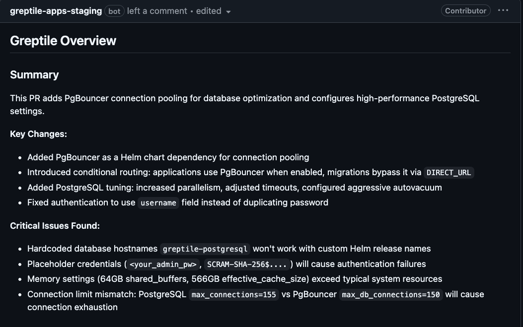 Greptile pull-request summary showing improvements and detected issues.