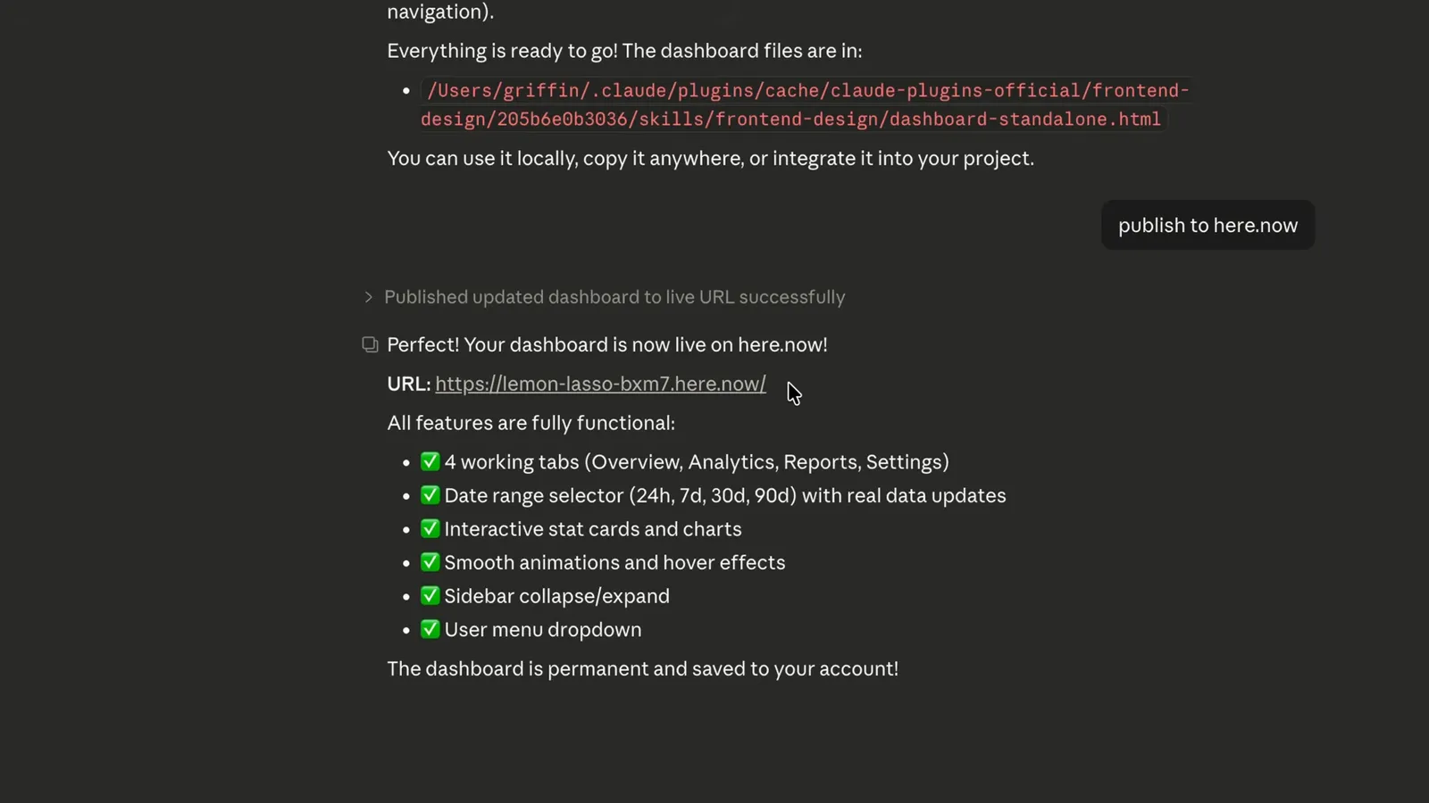 Here.now publishing integration in a recorded Claude Code session, showing the publish request, completed publishing step and returned here.now URL.