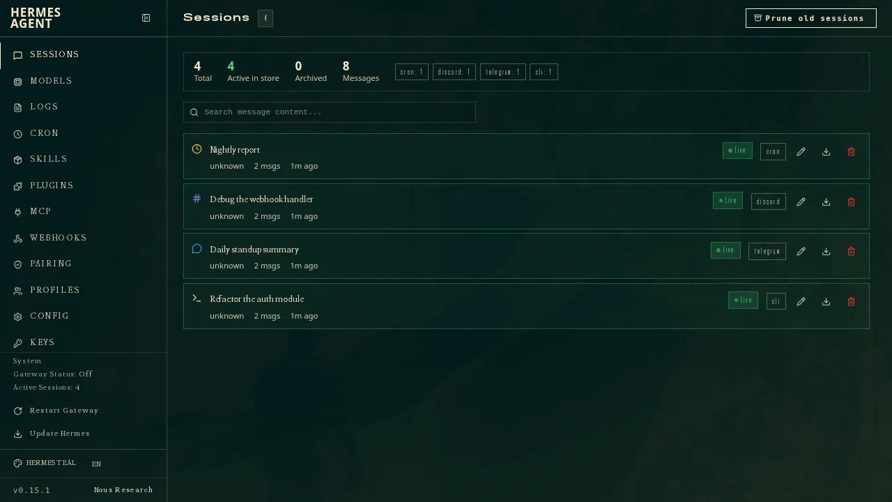 Hermes Agent Sessions dashboard listing four example sessions from cron, Discord, Telegram and the CLI, with session counts and search.