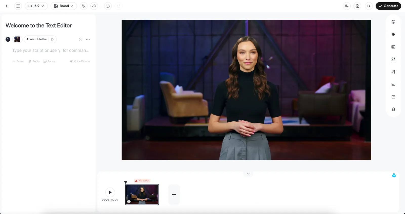 HeyGen AI Studio with video canvas, script panel, scene strip and editing toolbar.