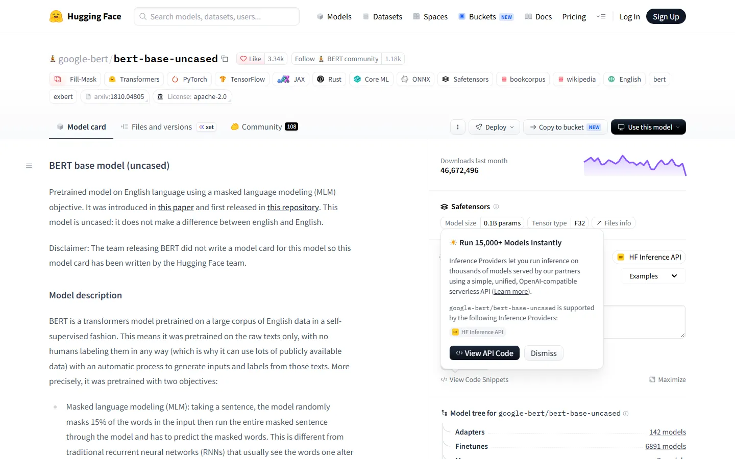 Hugging Face Hub model page for BERT with metadata, model card, files and community tabs.