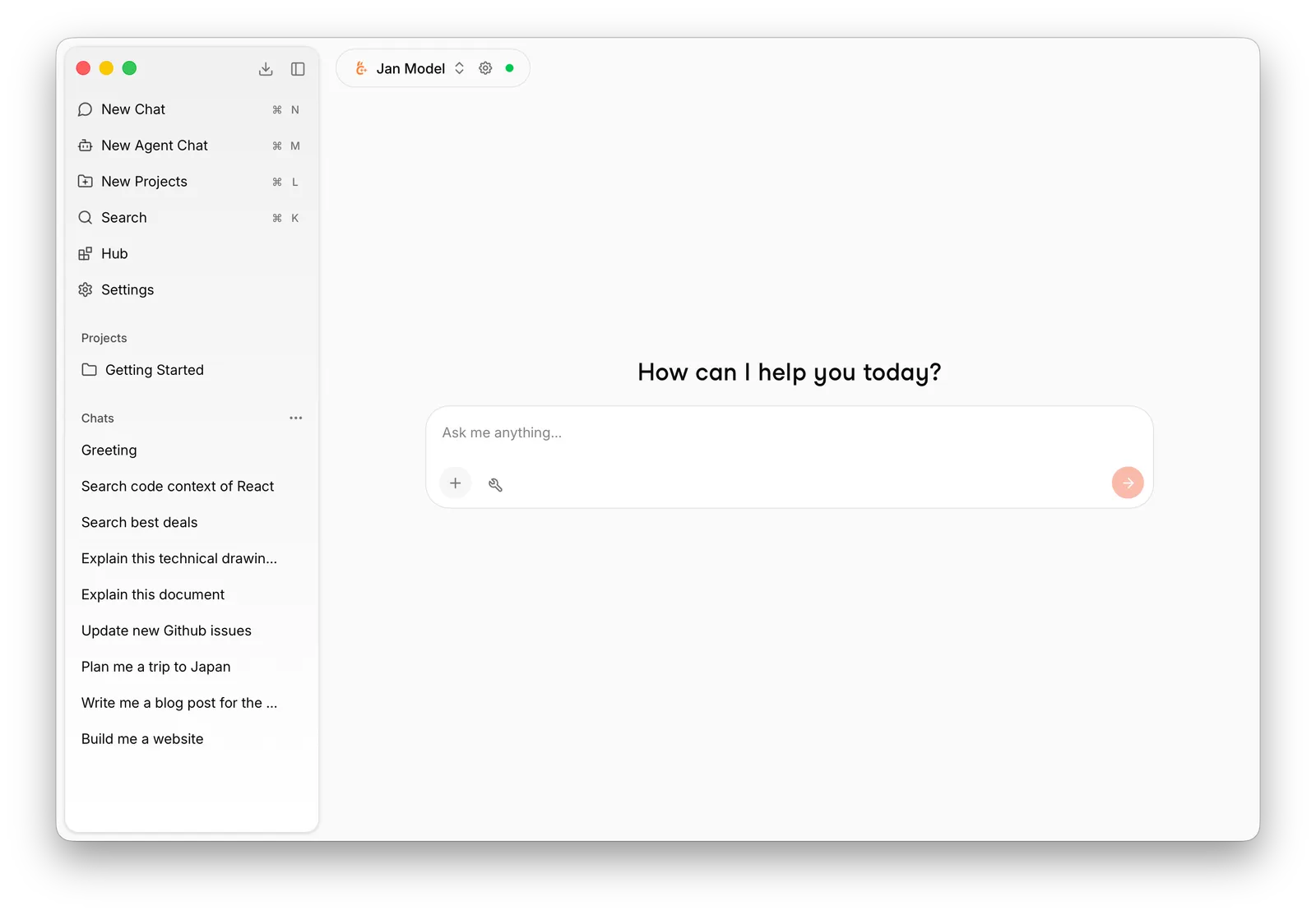 Jan desktop chat interface with conversation navigation and the Jan Model message composer.