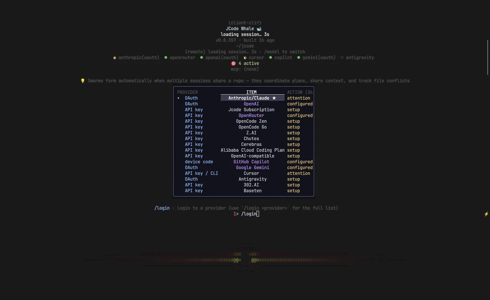jcode terminal interface with the login provider picker showing OAuth, API-key and device-code connection options and their configuration status.