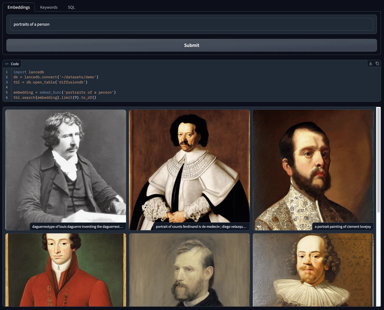 LanceDB multimodal explorer with query controls, search code and image results.