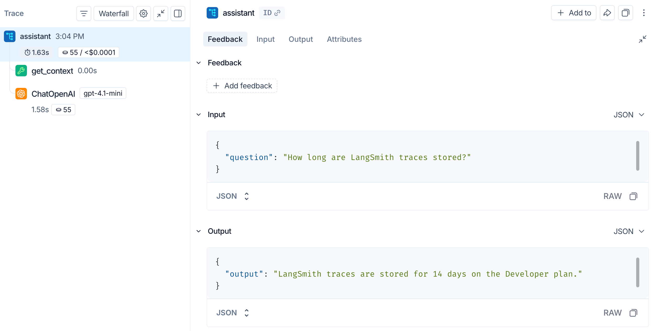 LangSmith trace viewer showing an application span and nested language-model call.
