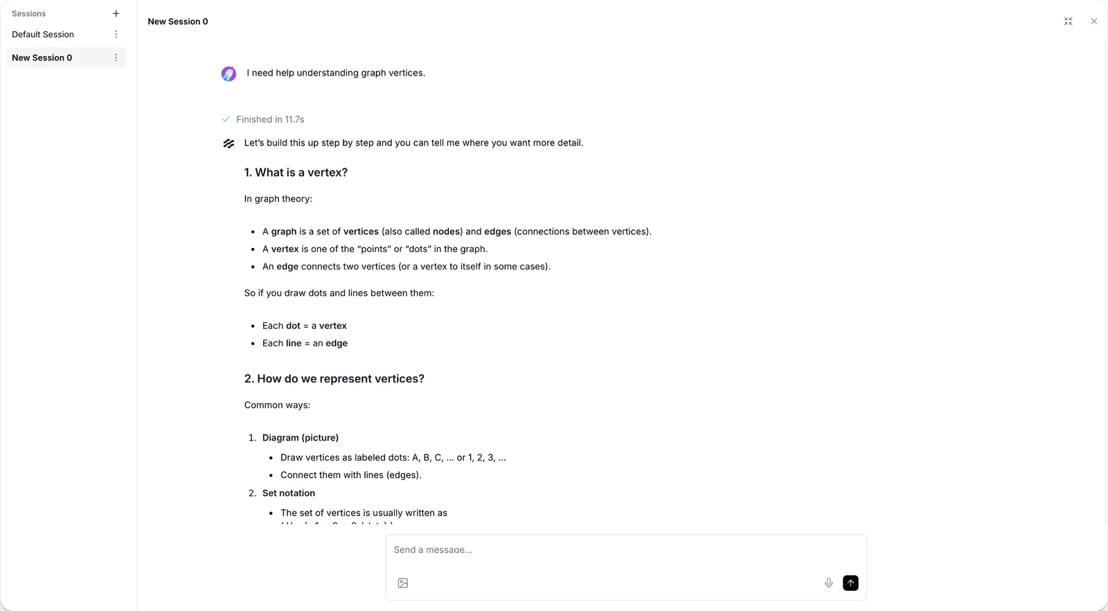Langflow Playground with a session sidebar, chat response and message composer.