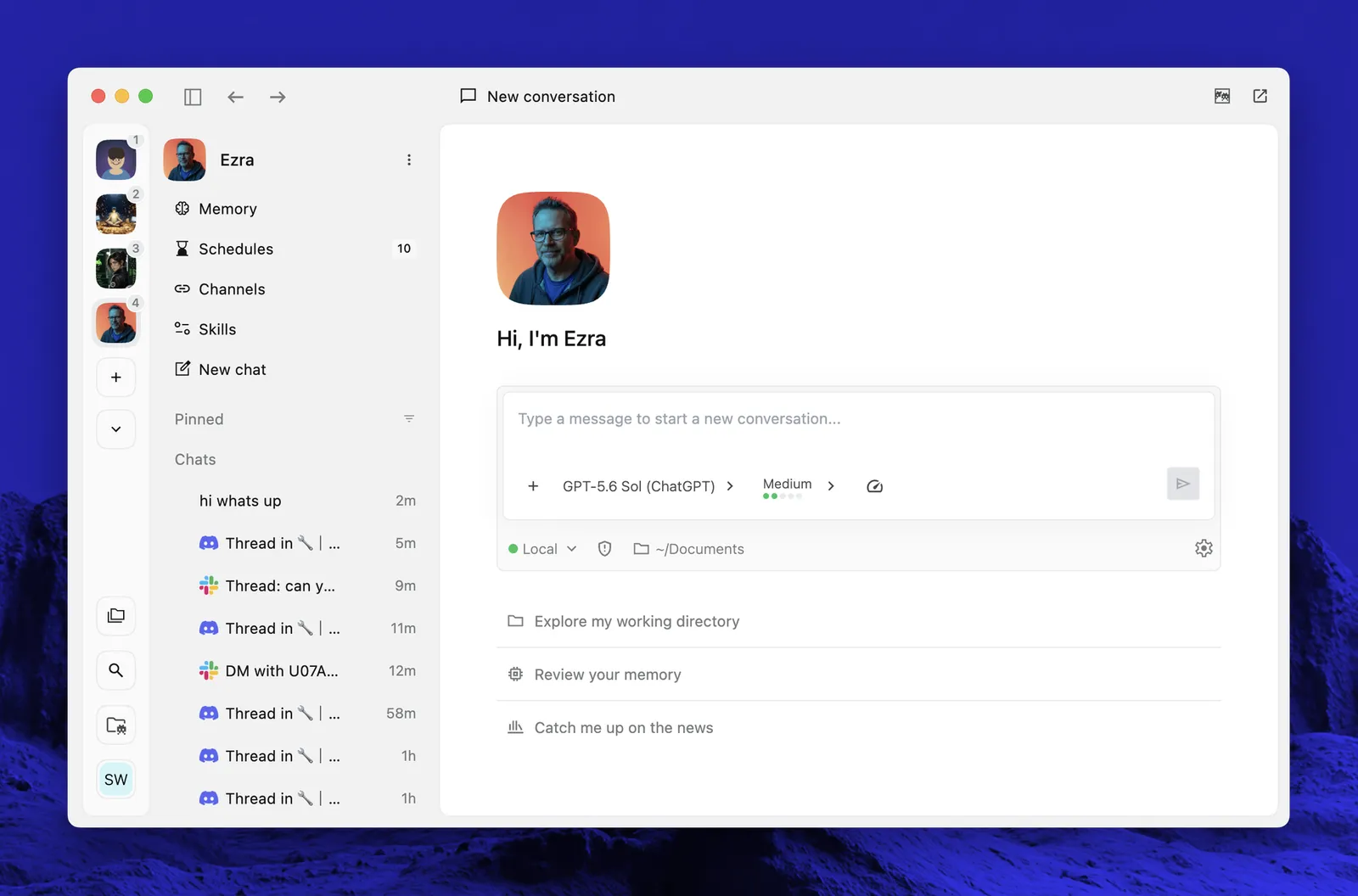 Letta desktop application showing a conversation with an agent.