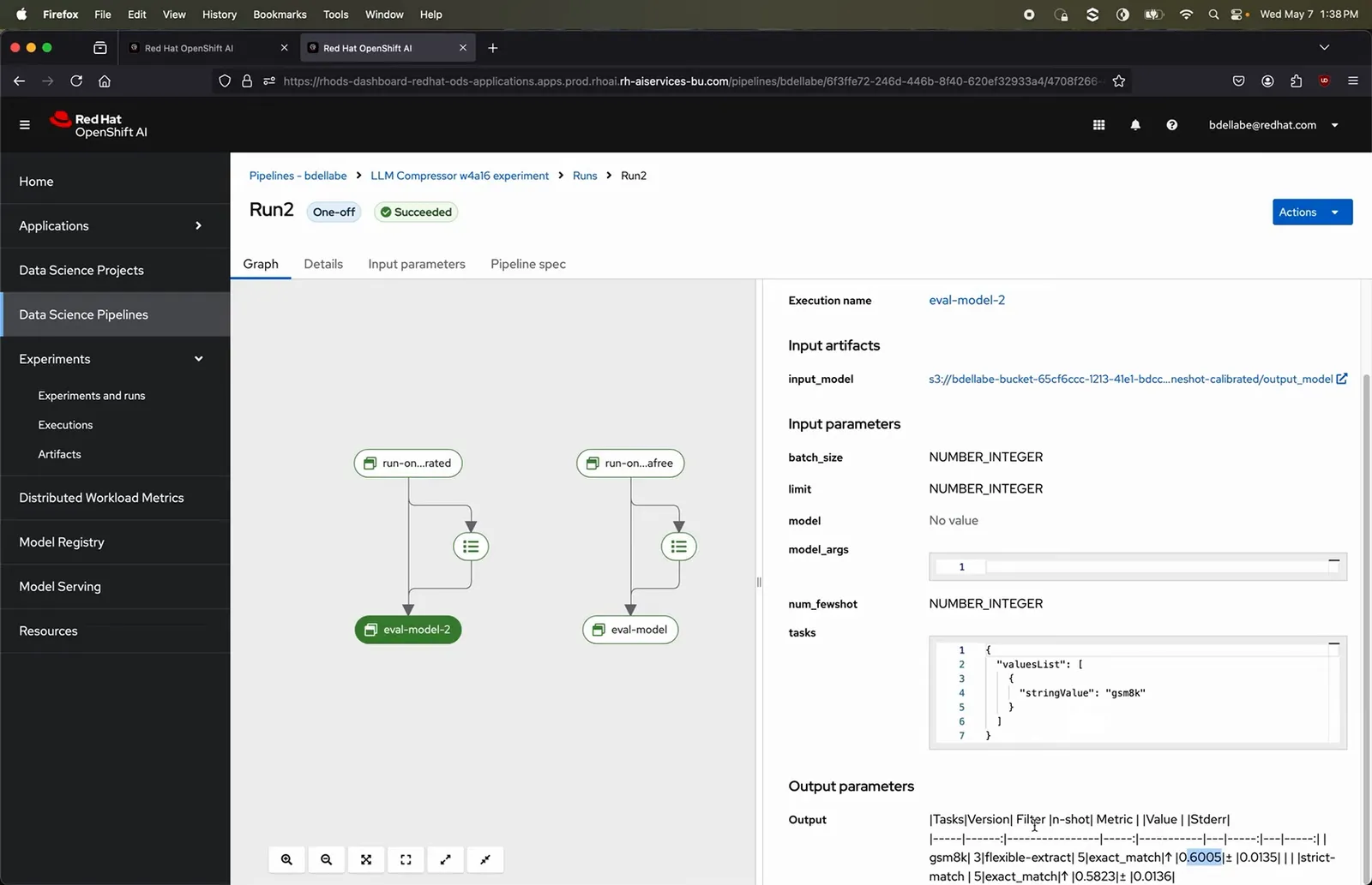 Red Hat OpenShift AI showing a succeeded LLM Compressor w4a16 experiment, compression and evaluation branches, model artifact and evaluation output.
