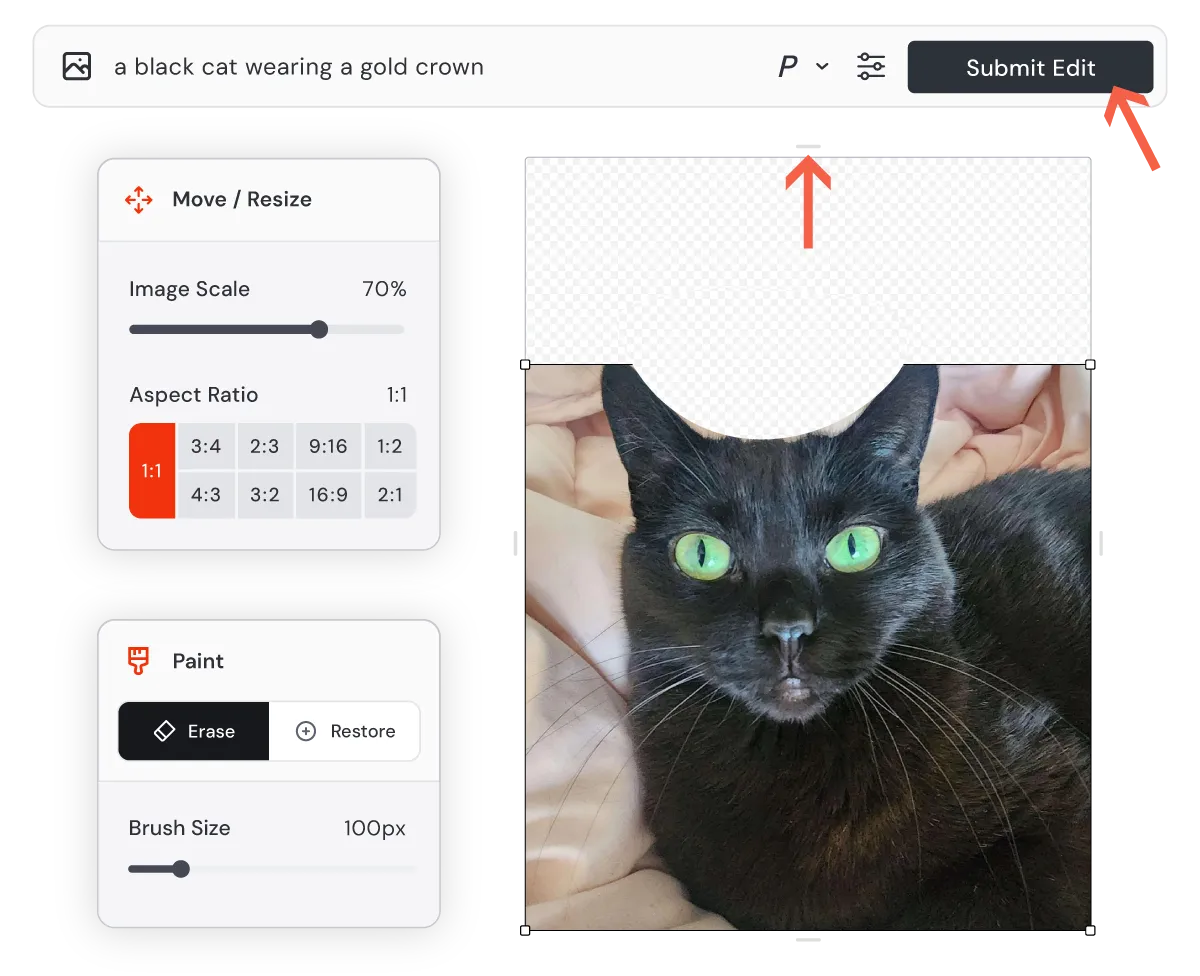 Midjourney Editor showing a cat image, Move and Resize controls and canvas expansion.