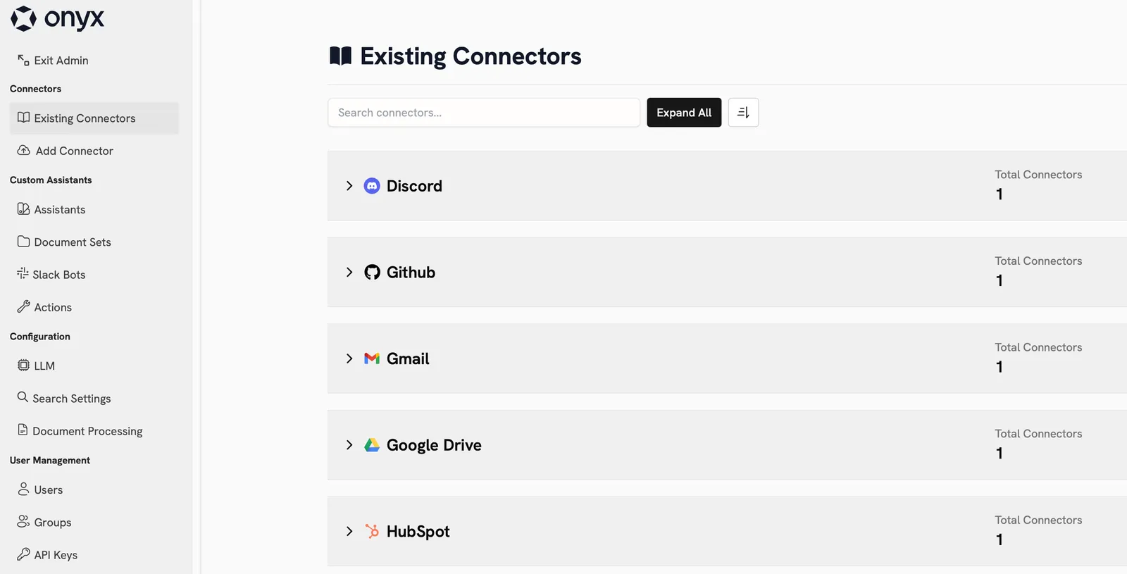 Onyx administration panel listing existing Discord, GitHub, Gmail, Google Drive and HubSpot connectors, with connector search and configuration navigation.