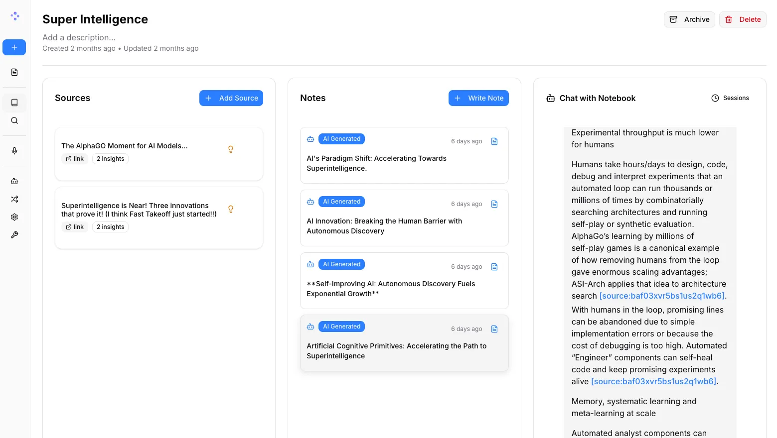 Open Notebook workspace with source cards, generated notes and notebook chat.