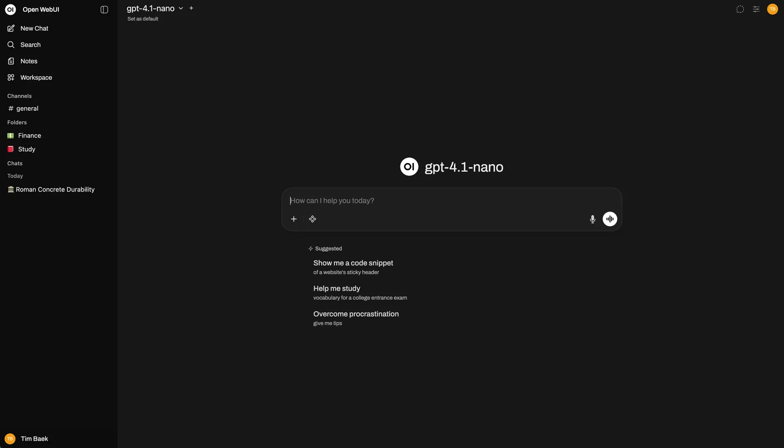 Open WebUI dark chat interface with navigation, model selection and a message composer.