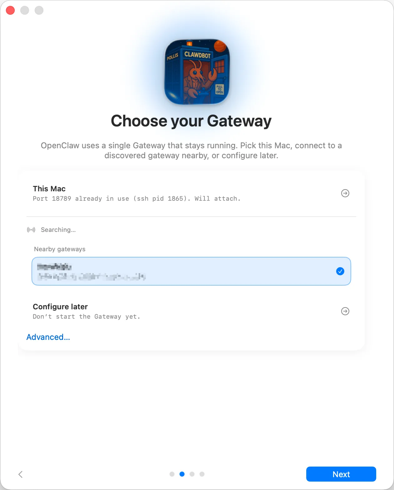OpenClaw macOS onboarding window with Choose your Gateway, This Mac, a nearby gateway, Configure later and Next controls.