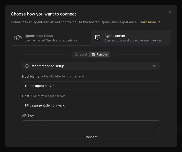 OpenHands Agent Canvas Add Backend dialog with agent-server connection fields.